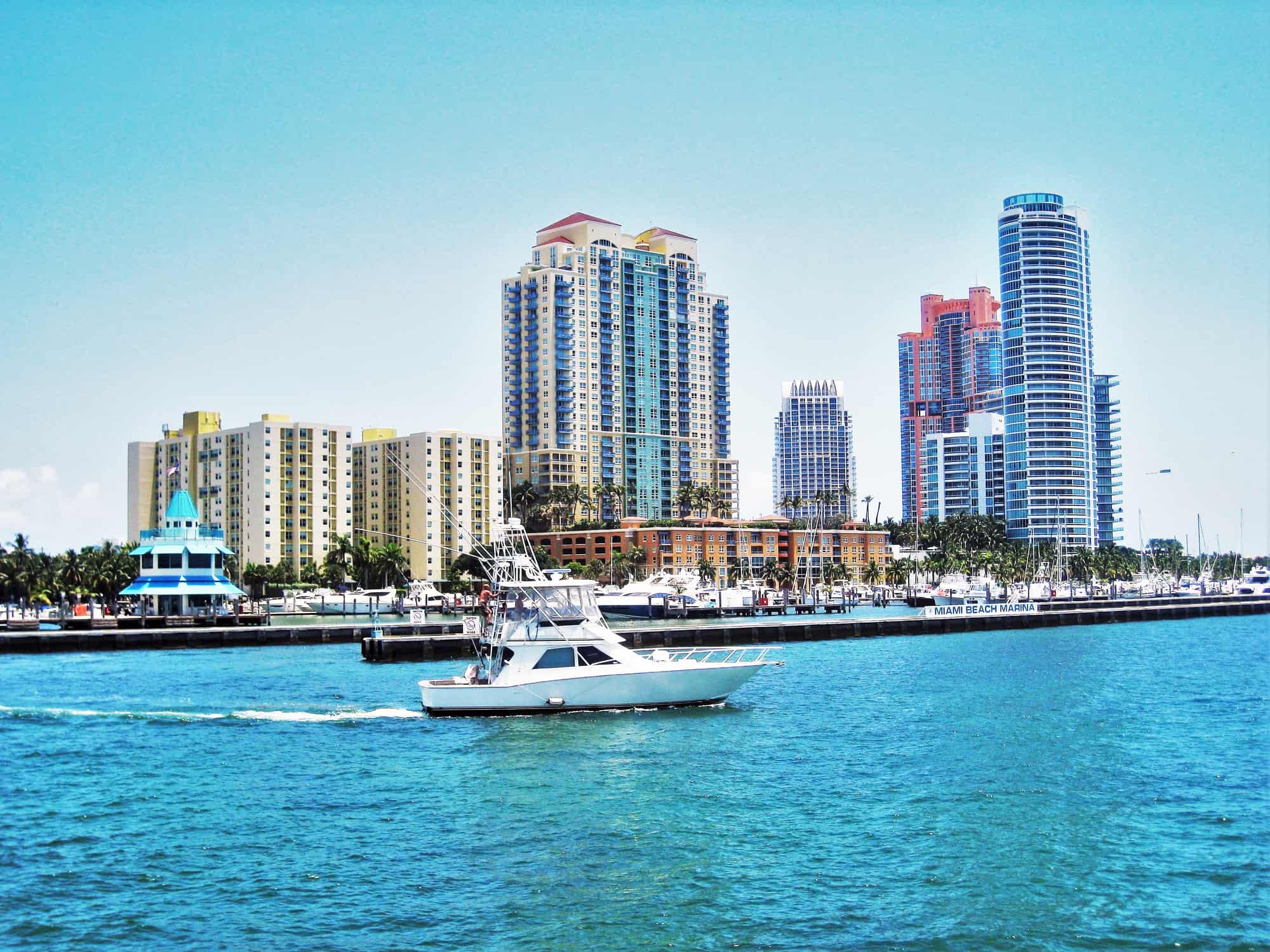 Moving boat in the Miami Beach Marina