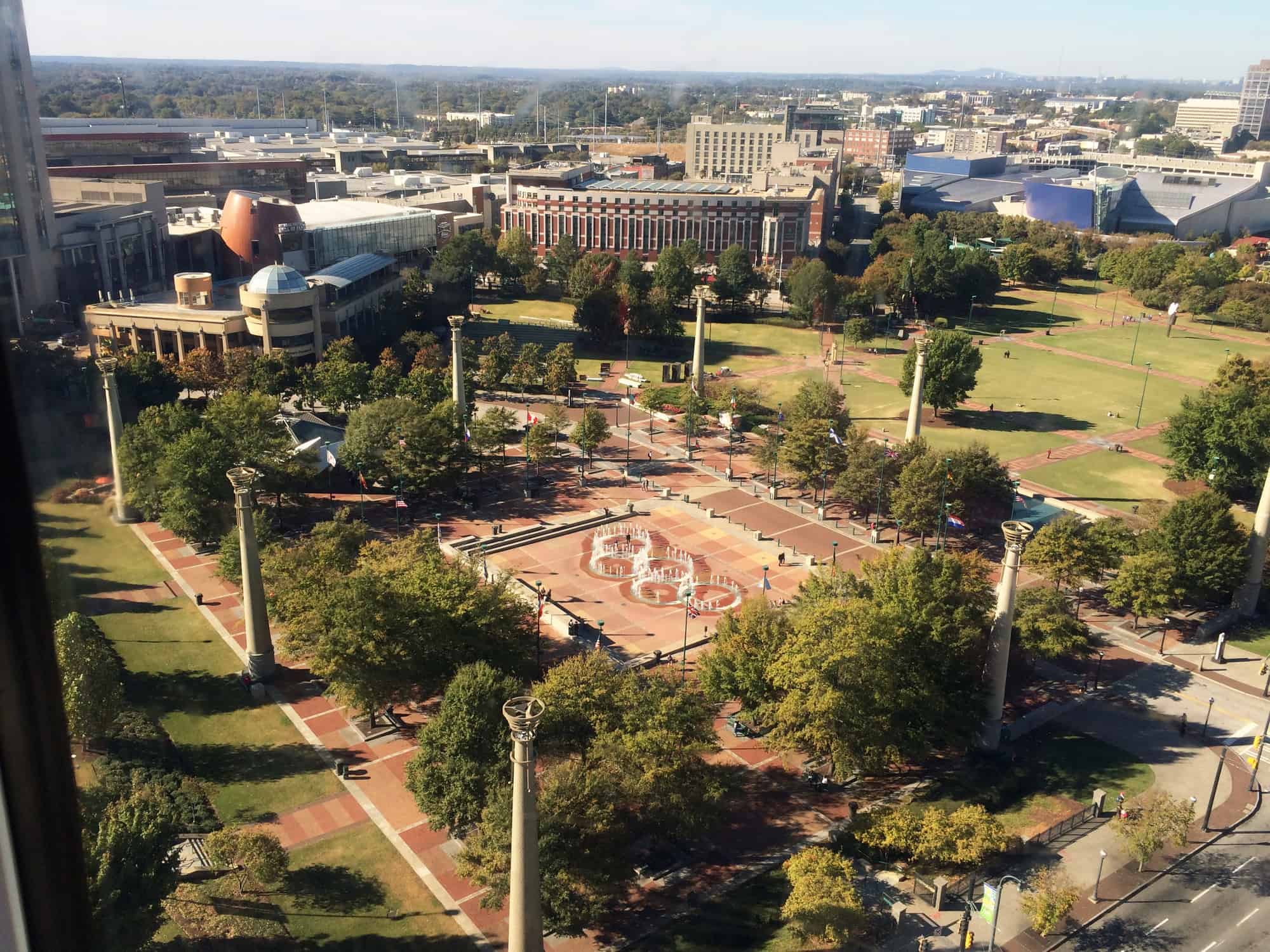 Aerial view of courtyard with water features and buildings