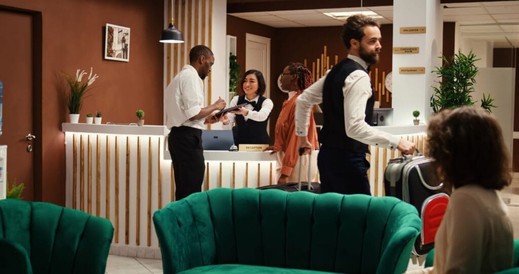 Busy hotel front desk.