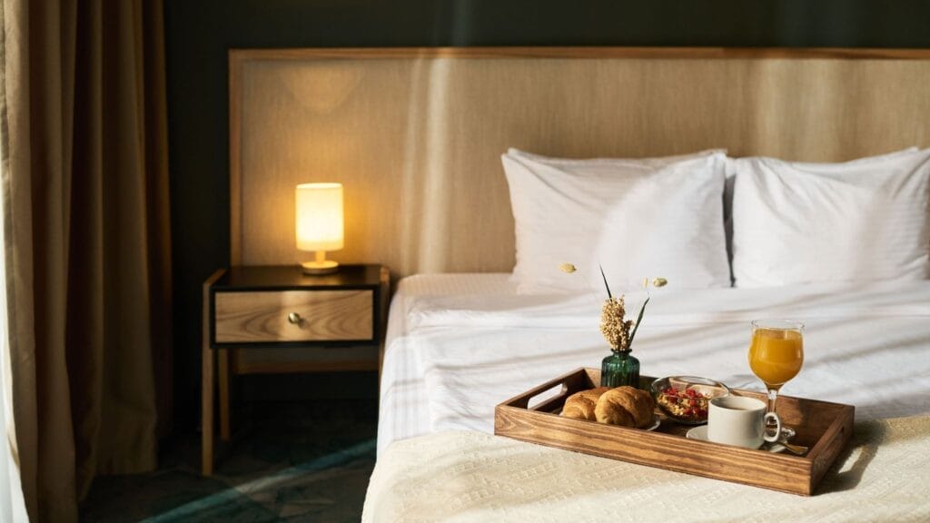 Luxury bed at high-end hotel.