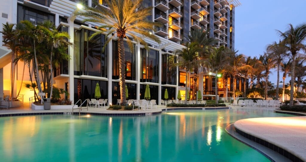 Outside pool of a luxury hotel building