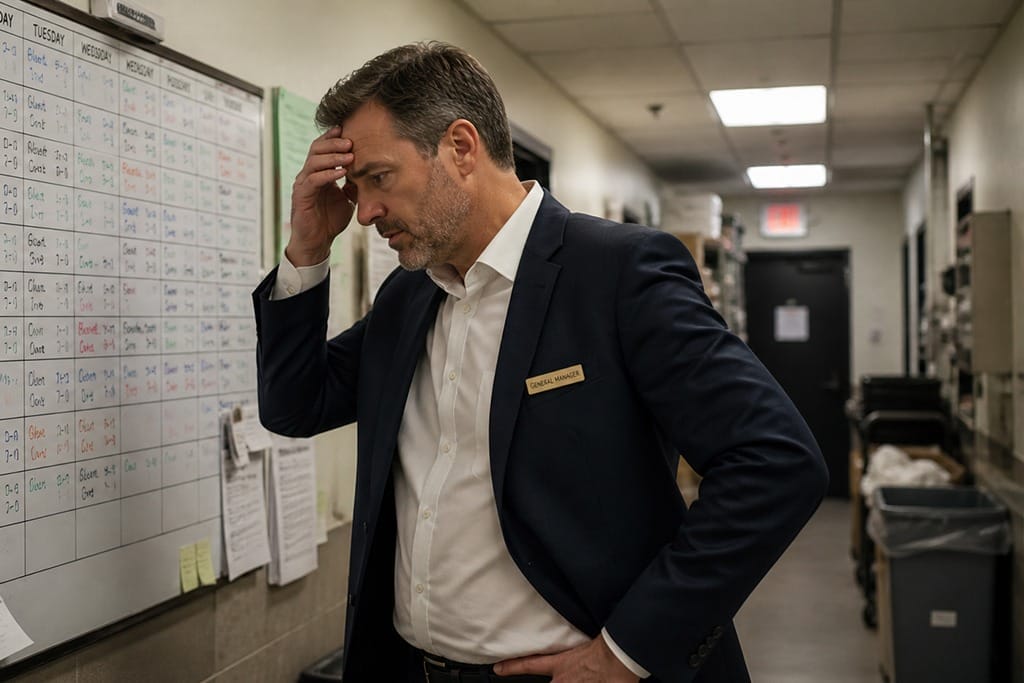 [Photo: a hotel GM looking stressed, reviewing a schedule board, perhaps in a back-of-house corridor. This should be more realistic than glamorous, illustrating the central premise: leadership attention consumed by scheduling rather than business strategy.]