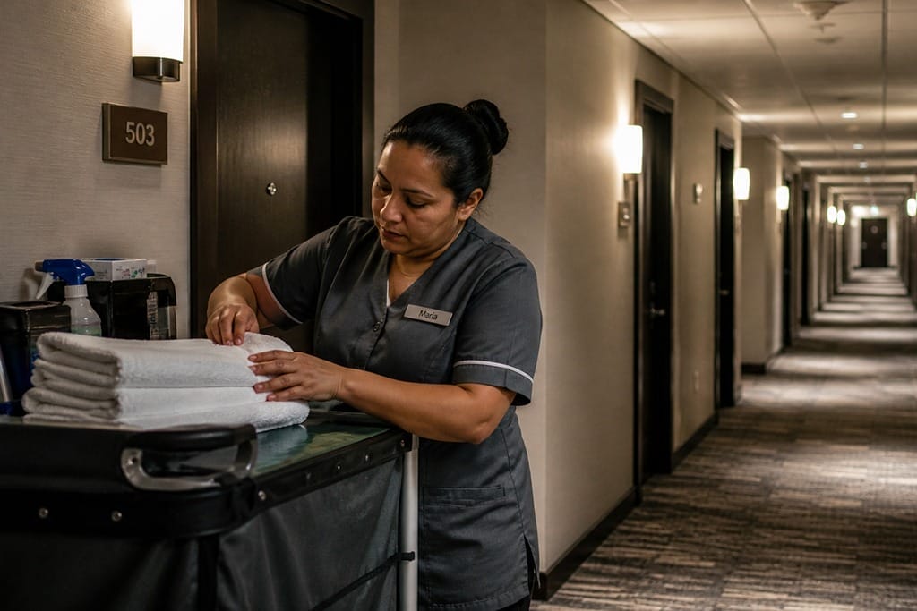 [Photo: One hustling worker and a housekeeping cart. In the background, a long corridor of rooms, suggesting backed-up work. This illustrates the abstract staffing data in a recognizable, realistic scene.]