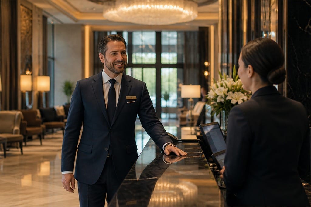 [Photo: A hotel GM walks confidently through a beautifully presented lobby…or smiles at a guest at check-in…illustrating leadership free to focus on guest experience. Rather than the realistic feel of the earlier photos, this one should have a luxury-property aesthetic to reinforce with the target audience.]