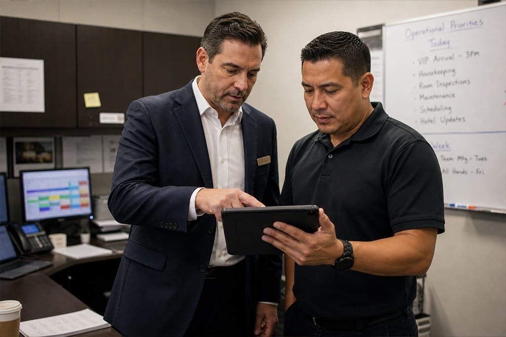 [Photo: A hotel GM and an outside contractor reviewing a tablet in an office or back-of-house setting. The purpose is to illustrate the partnership: collaboration and accountability, not just cost-cutting.]