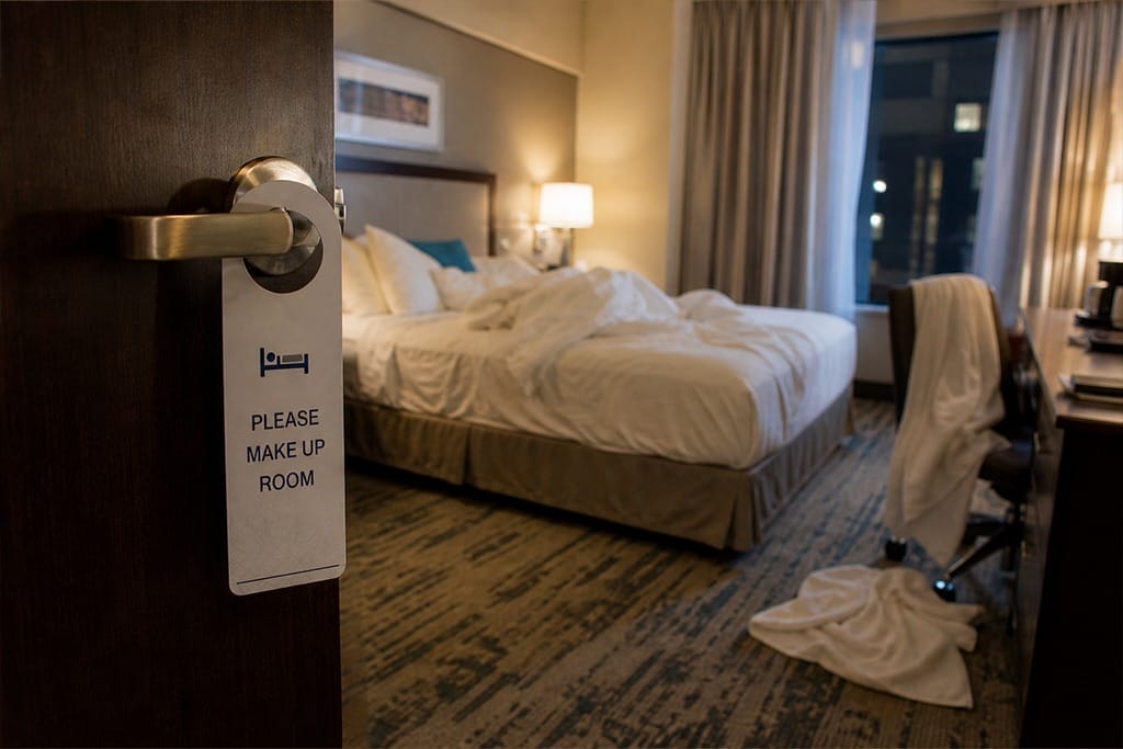 [Photo: Medium close shot of a hotel room door with “PLEASE MAKE UP ROOM” sign on the handle.     In the background, the bed is visible with messy linens and a towel hanging over the back of a chair or on the floor. The purpose is to illustrate the guest experience penalty for staffing inconsistency.]