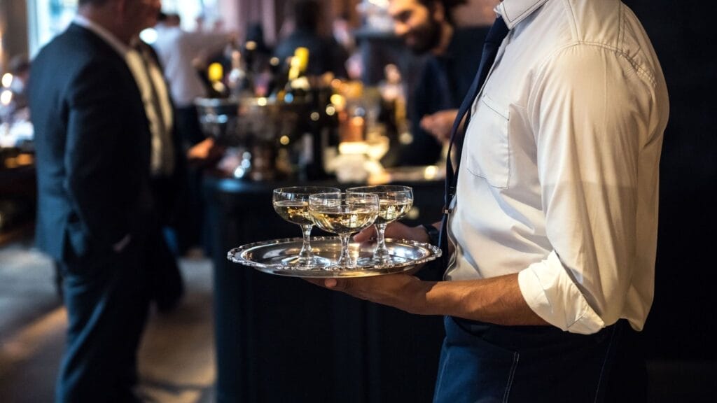 Hotel employee carrying tray of champagne filled glasses.