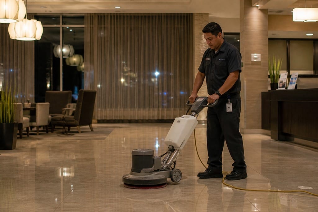 [Photo: Wide shot of an overnight worker operating a floor buffer in a lobby or public area. Lighting suggests overnight. Realistic image to make the overnight challenge feel familiar rather than abstract.]